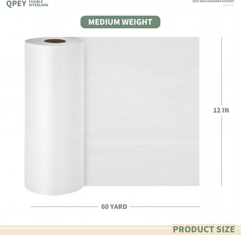 QPEY Medium Weight Iron-On Non-Woven Fusible Interfacing,12inch x 60yd Interfacing Fabric for Sewing,Single-Sided Polyester Fabric for DIY Craft Supplies, Quilting,Sewing,Dresses,Collars,Cuffs - Image 2